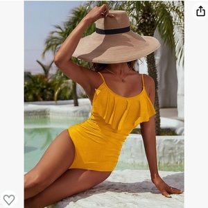 One Piece Bathing Suit Tummy Control Swimwear Slimming Ruffle. Large. Yellow